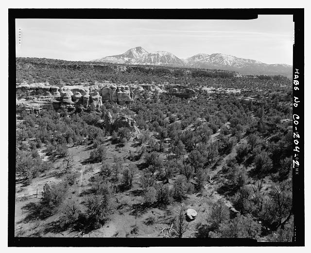2. Perspective view from above Feature 1 looking to the south at Feature 2 - Serpents Quarters Pueblo, Approximately 2 miles north of County Road G, Cortez, Montezuma County, CO