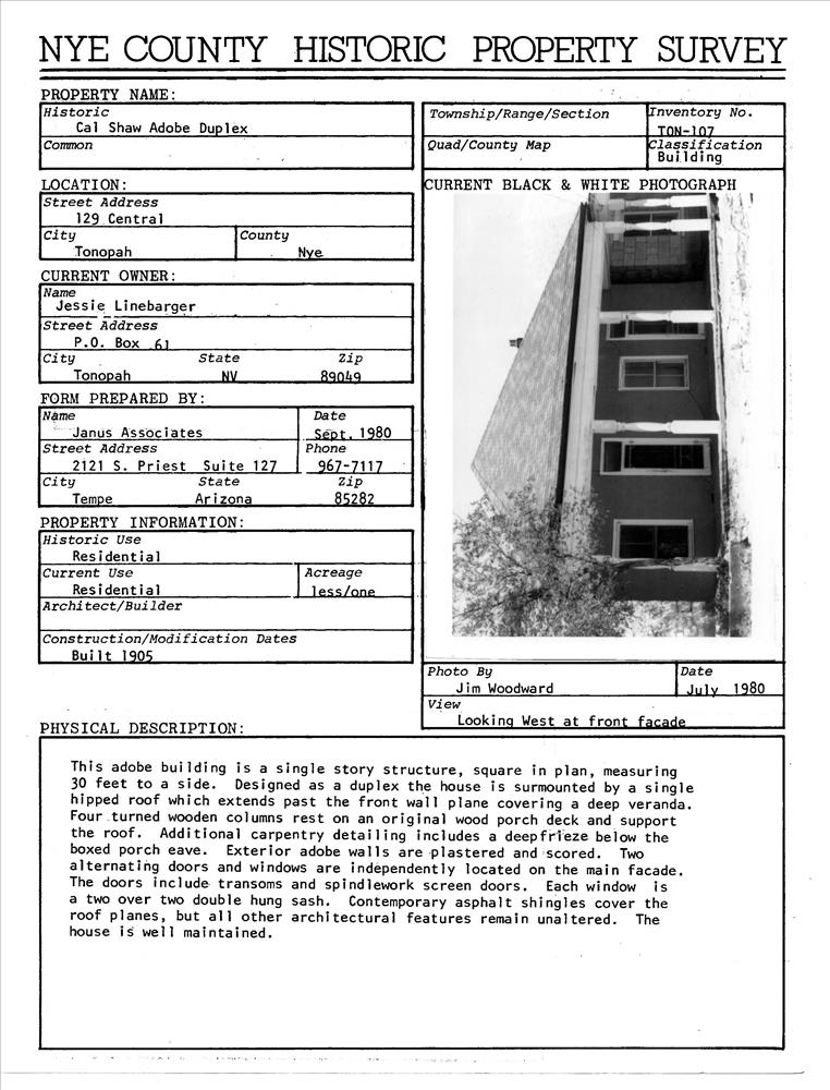 Shaw, Cal, Adobe Duplex, Tonopah, NV